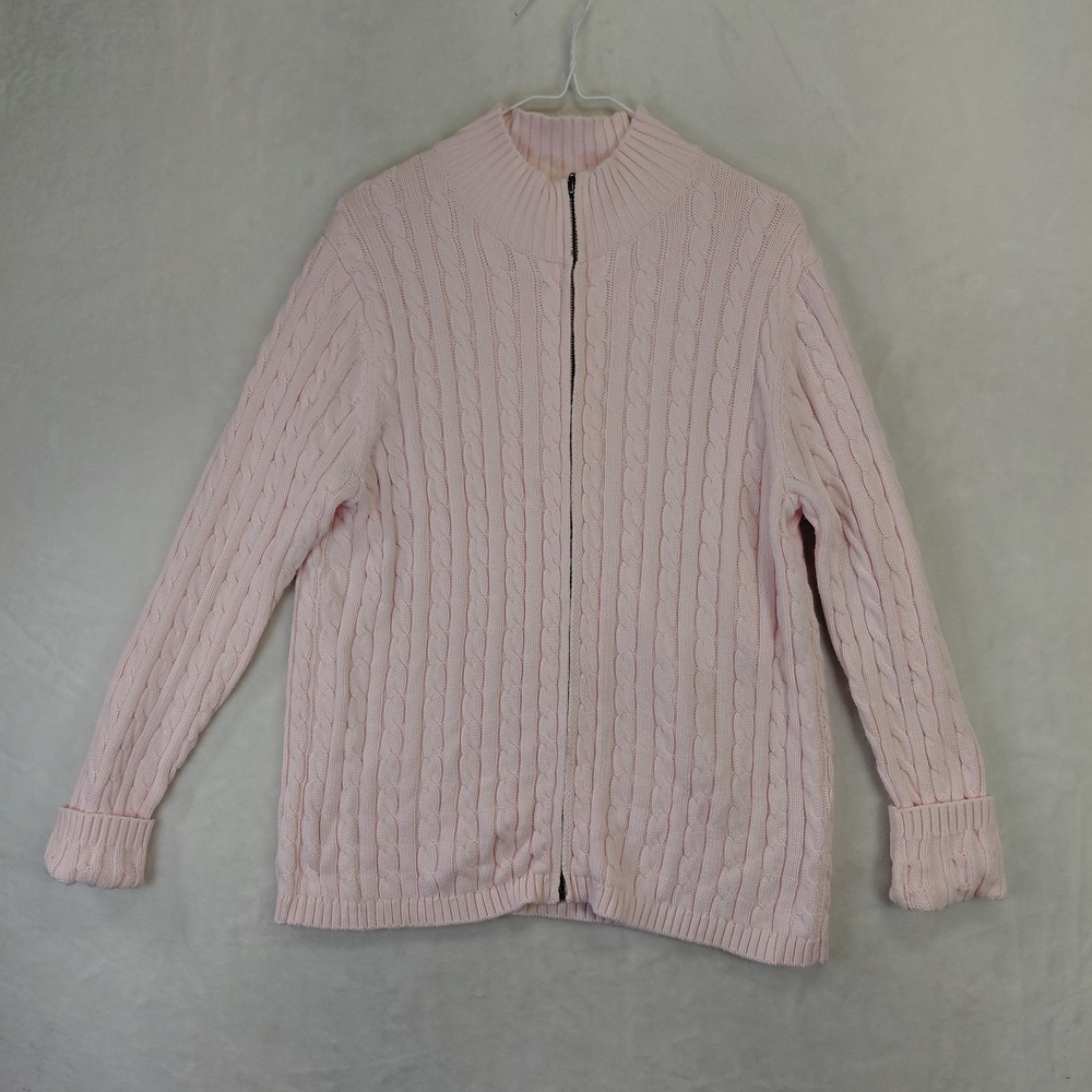 LL Bean Pink Cable Knit Zip Front Cardigan Sweater Mock Neck XL Pet
